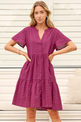 Model wearing Prisha Mini Dress in Wine from Salty Crush