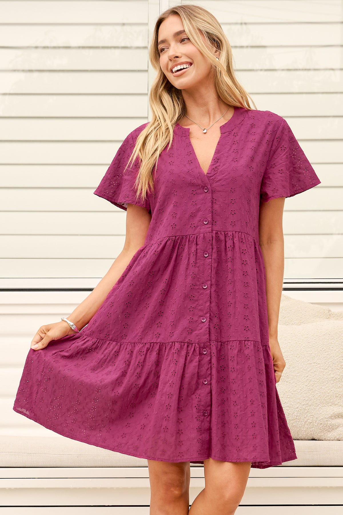 Model wearing Prisha Mini Dress in Wine from Salty Crush