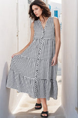 Acelle Midi Dress - Sleeveless Bermuda Collar Button Down Gingham Dress in Black