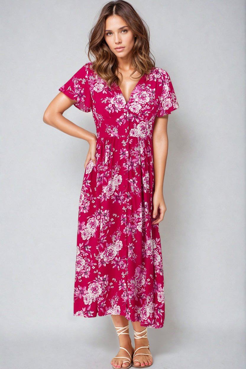 Anais Midi Dress - Cap Flutter Sleeve Button Down A Line Dress in Kimberly Print