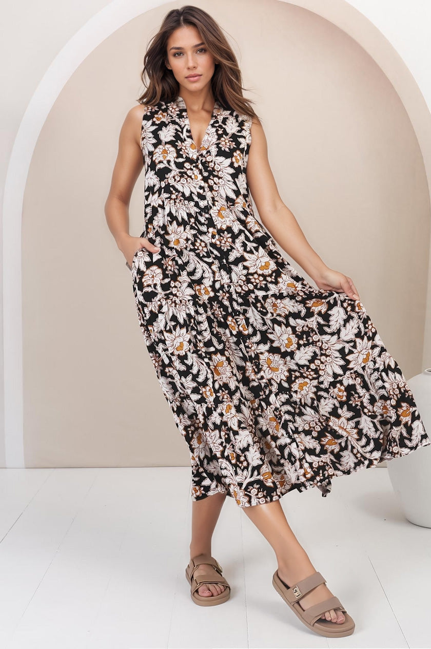 Acelle Midi Dress - Sleeveless Bermuda Collar Button Down Dress in Torah Print