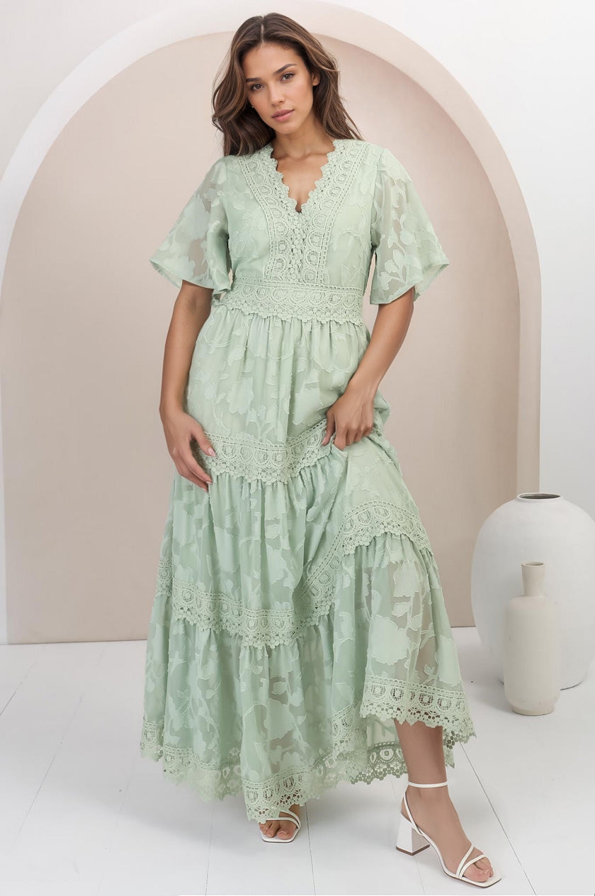 Madeline Maxi Dress - Lace Trim Embroidered A Line Dress in Mint