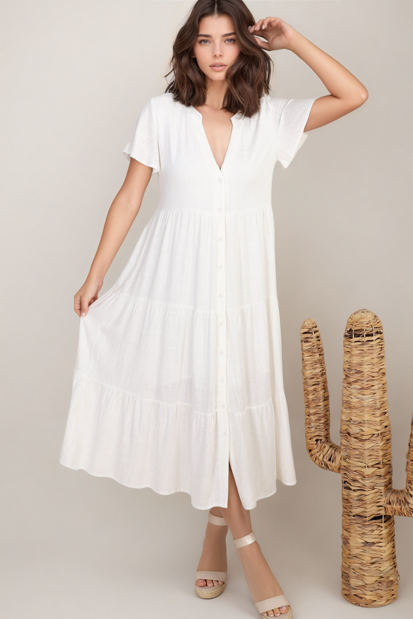 Milla Midi Dress - Tiered Cap Sleeve Button Down Linen Dress in White