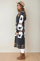 Quest Cardigan - Hooded Long Line Graphic Cardigan in Charcoal