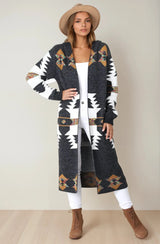 Quest Cardigan - Hooded Long Line Graphic Cardigan in Charcoal