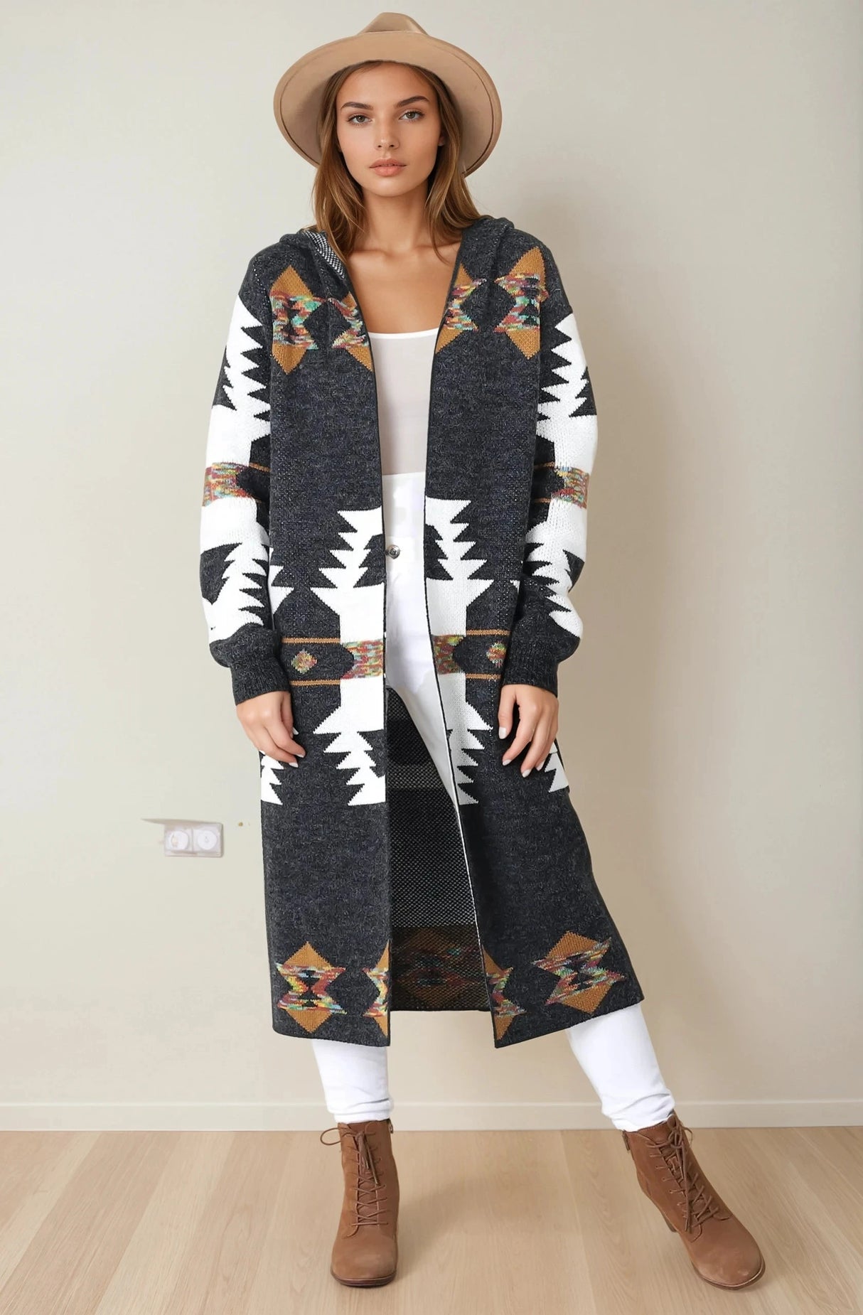 Quest Cardigan - Hooded Long Line Graphic Cardigan in Charcoal