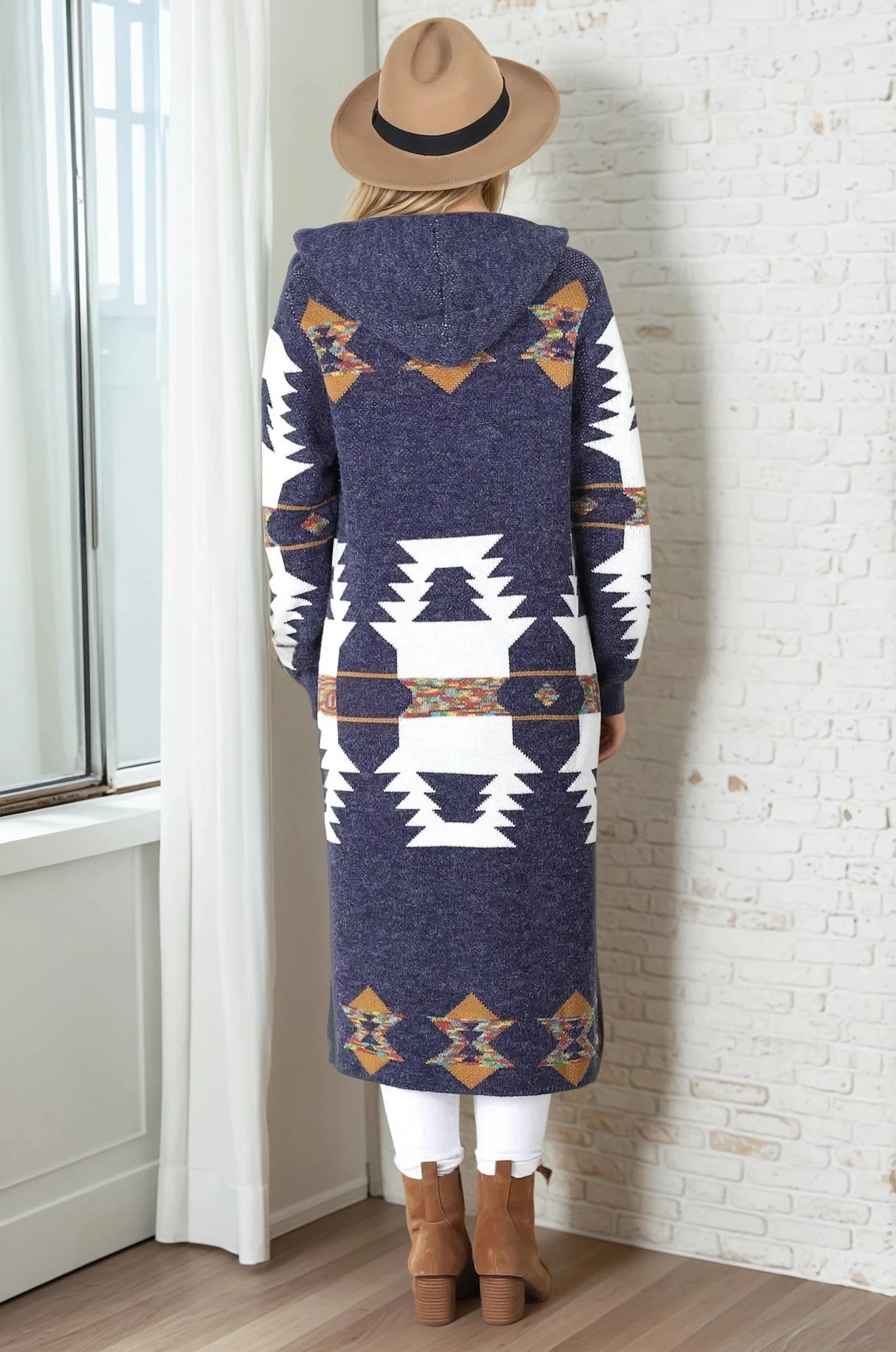 Quest Cardigan - Hooded Long Line Graphic Cardigan in Navy