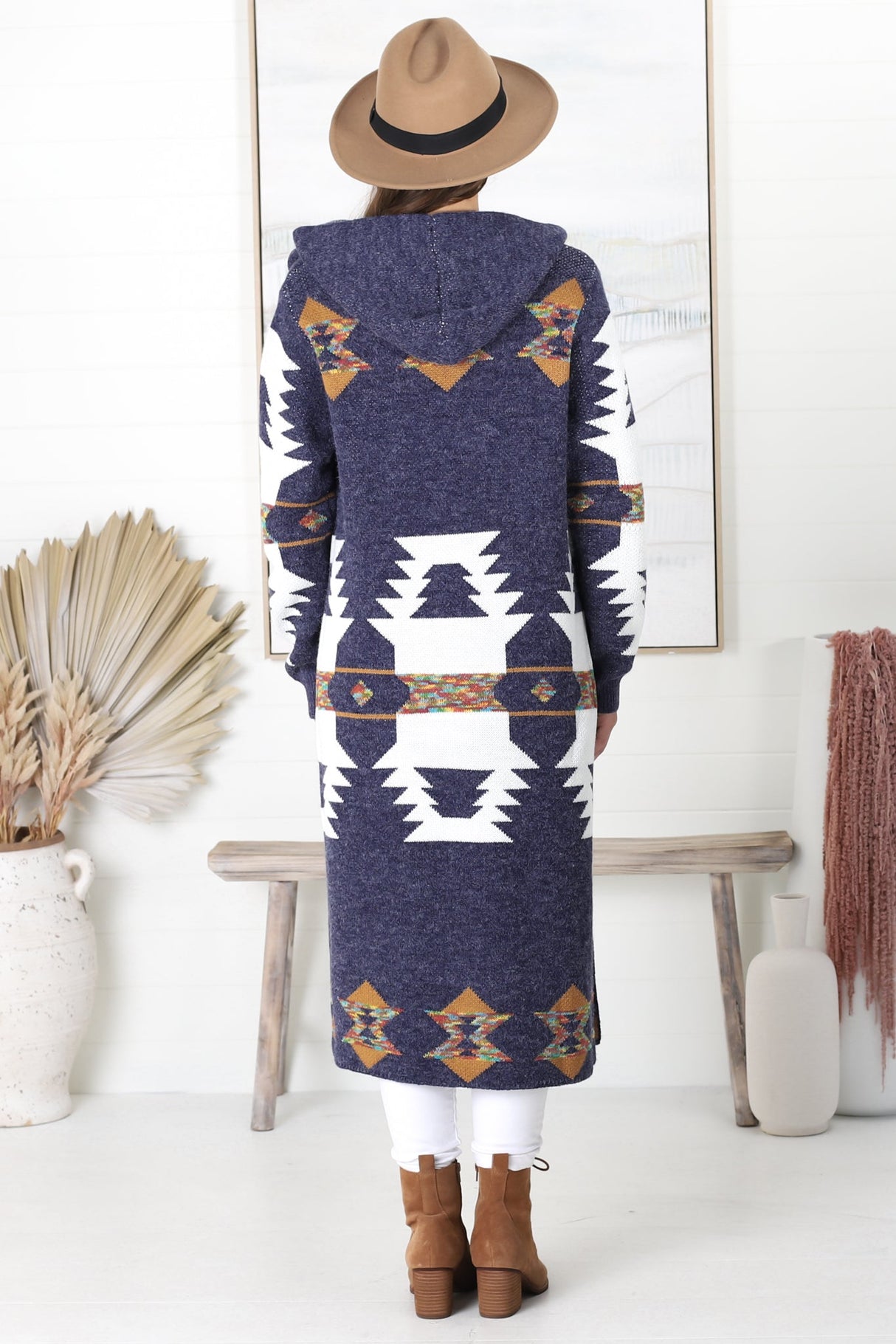 Quest Cardigan - Hooded Long Line Graphic Cardigan in Navy