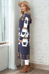 Quest Cardigan - Hooded Long Line Graphic Cardigan in Navy