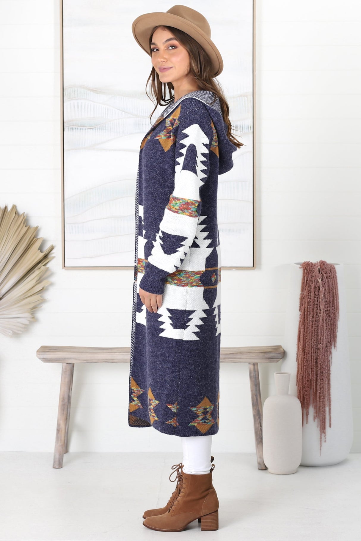 Quest Cardigan - Hooded Long Line Graphic Cardigan in Navy