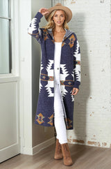 Quest Cardigan - Hooded Long Line Graphic Cardigan in Navy