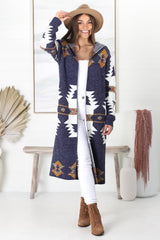 Quest Cardigan - Hooded Long Line Graphic Cardigan in Navy