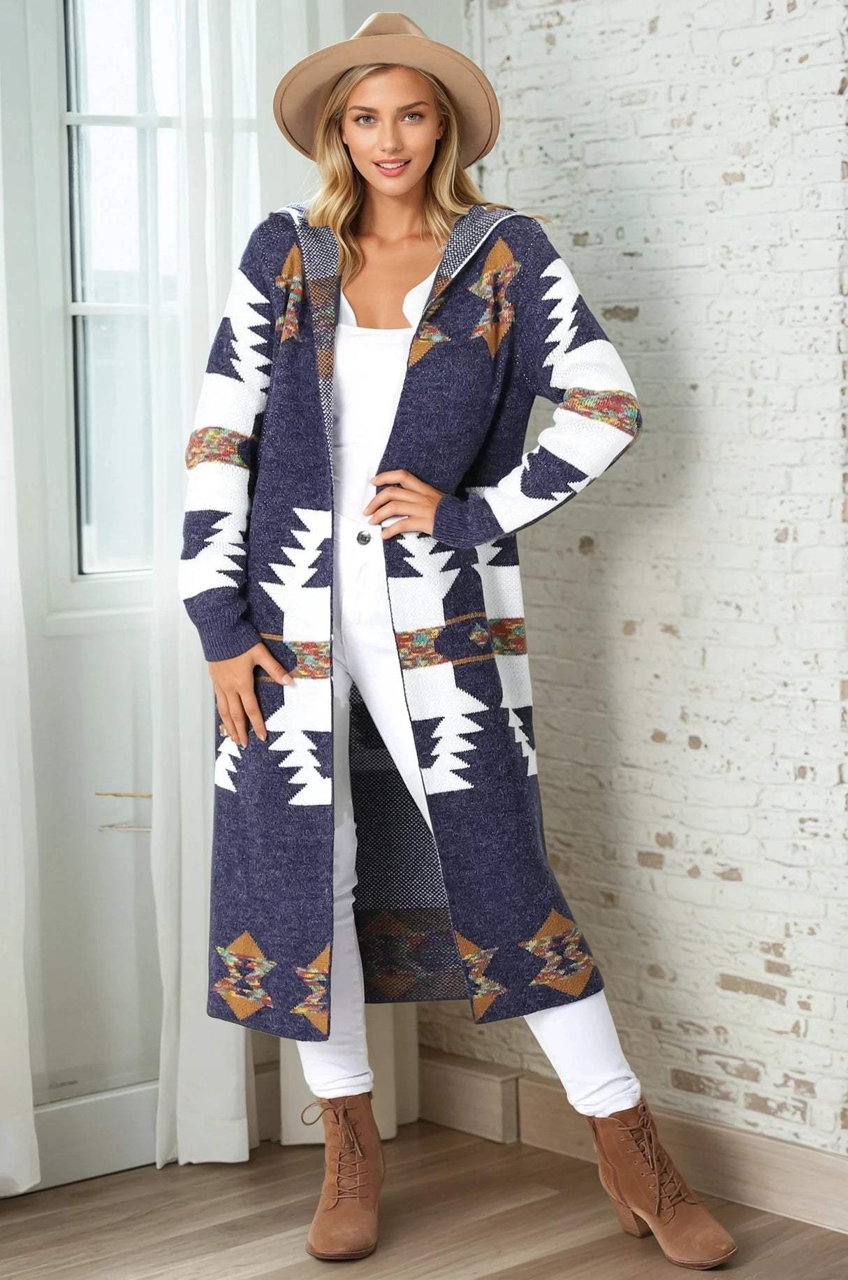 Quest Cardigan - Hooded Long Line Graphic Cardigan in Navy