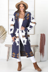 Quest Cardigan - Hooded Long Line Graphic Cardigan in Navy