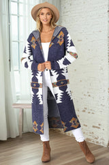 Quest Cardigan - Hooded Long Line Graphic Cardigan in Navy