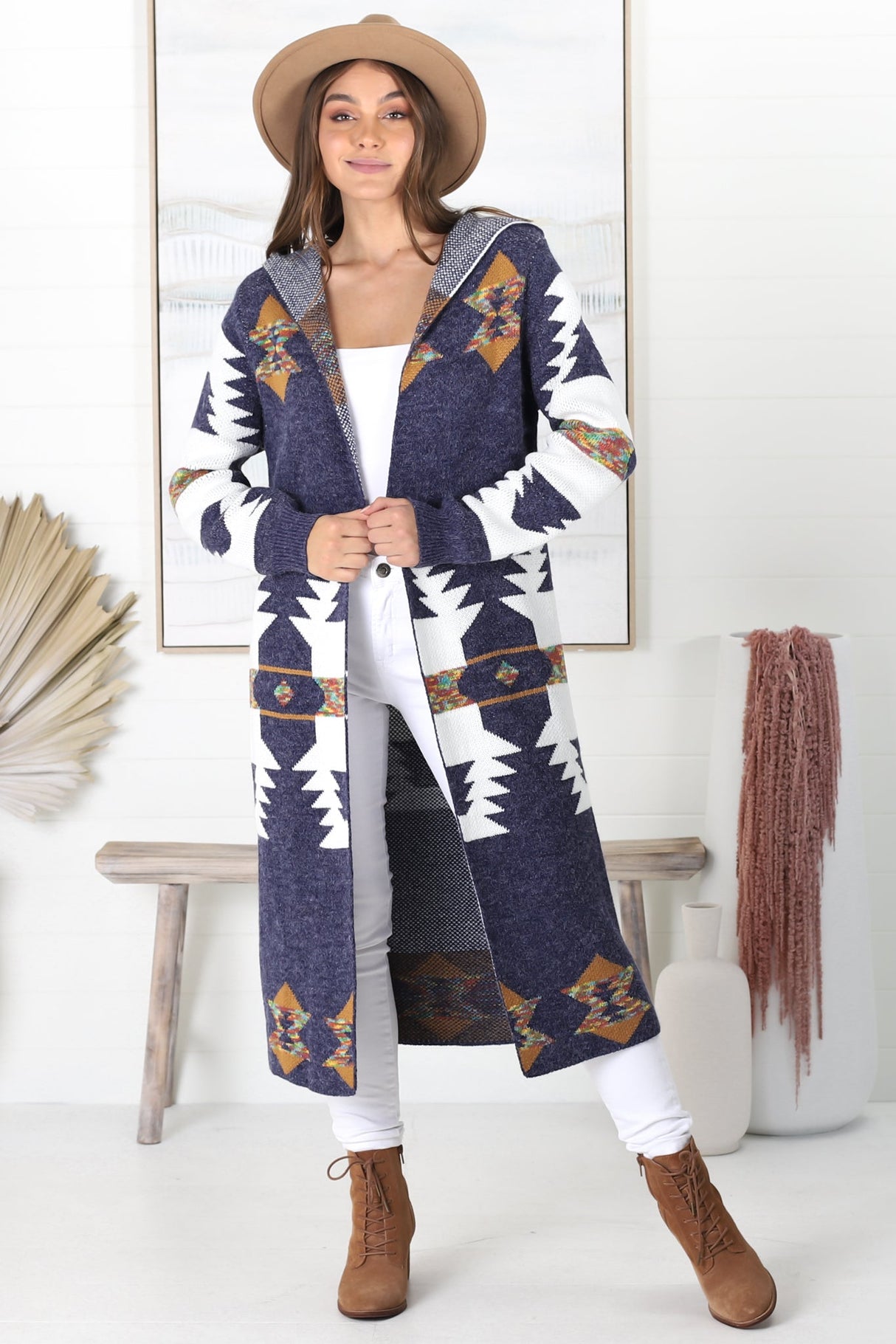 Quest Cardigan - Hooded Long Line Graphic Cardigan in Navy