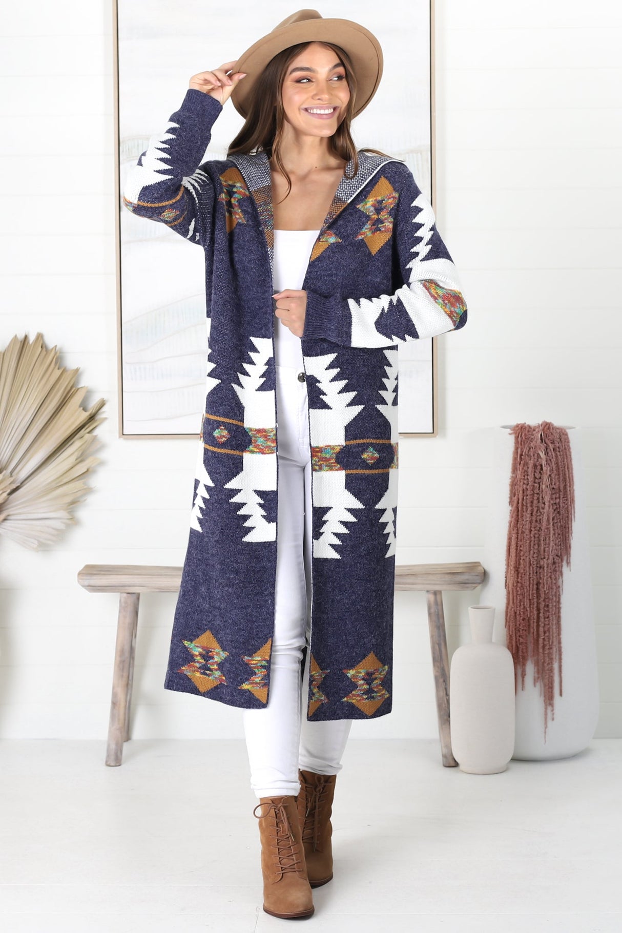 Quest Cardigan - Hooded Long Line Graphic Cardigan in Navy