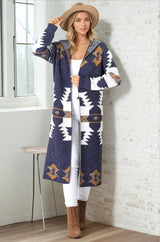 Quest Cardigan - Hooded Long Line Graphic Cardigan in Navy