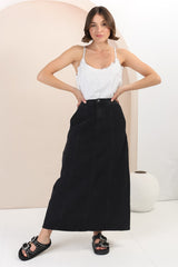 Quinn Denim Maxi Skirt - Elasticated High Waisted Denim Skirt in Black