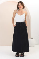 Quinn Denim Maxi Skirt - Elasticated High Waisted Denim Skirt in Black