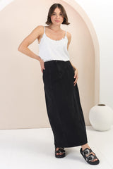 Quinn Denim Maxi Skirt - Elasticated High Waisted Denim Skirt in Black