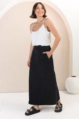 Quinn Denim Maxi Skirt - Elasticated High Waisted Denim Skirt in Black