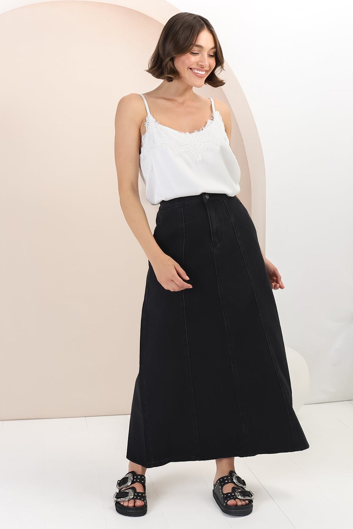 Quinn Denim Maxi Skirt - Elasticated High Waisted Denim Skirt in Black