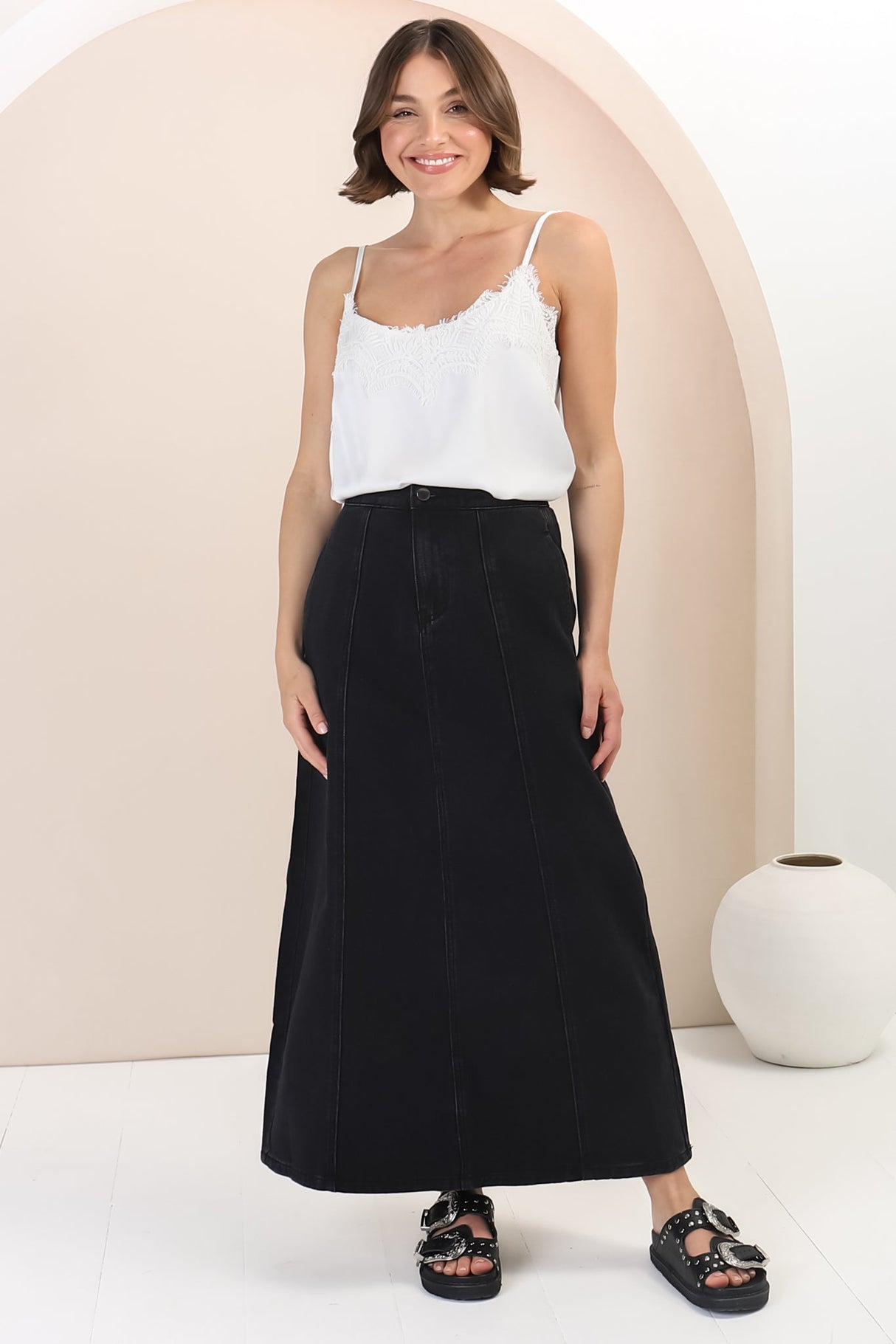 Quinn Denim Maxi Skirt - Elasticated High Waisted Denim Skirt in Black