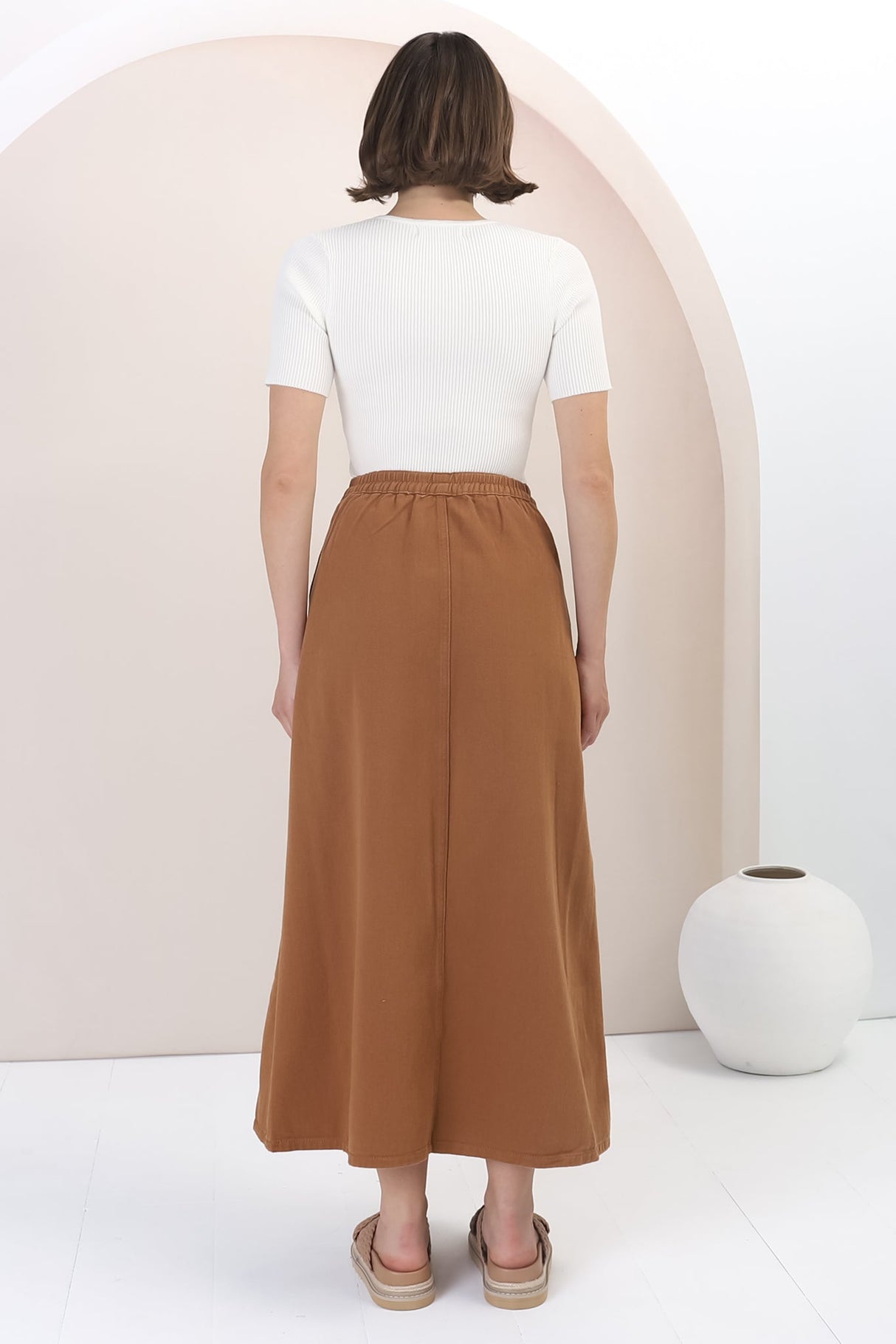 Quinn Denim Maxi Skirt - Elasticated High Waisted Denim Skirt in Tan