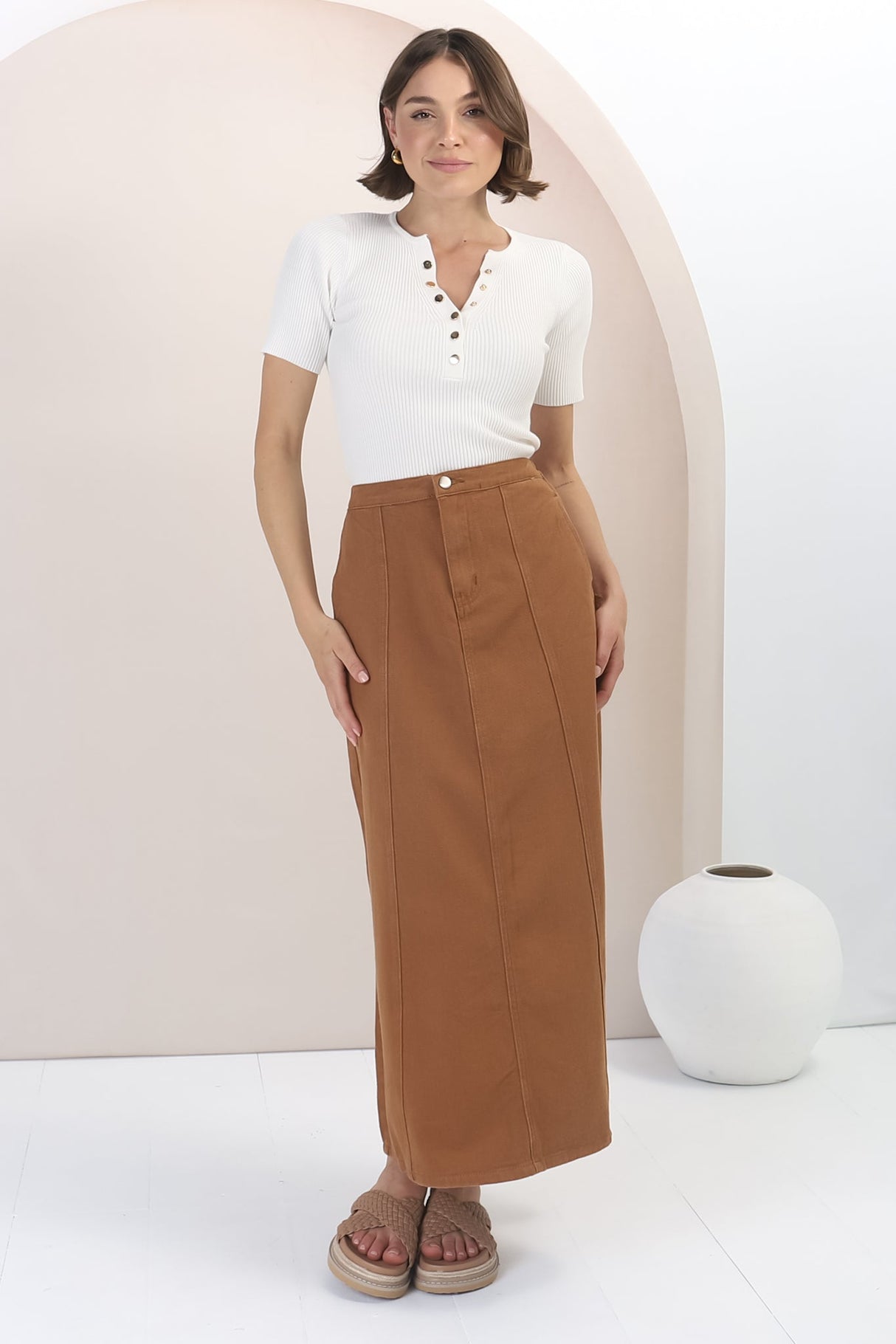 Quinn Denim Maxi Skirt - Elasticated High Waisted Denim Skirt in Tan