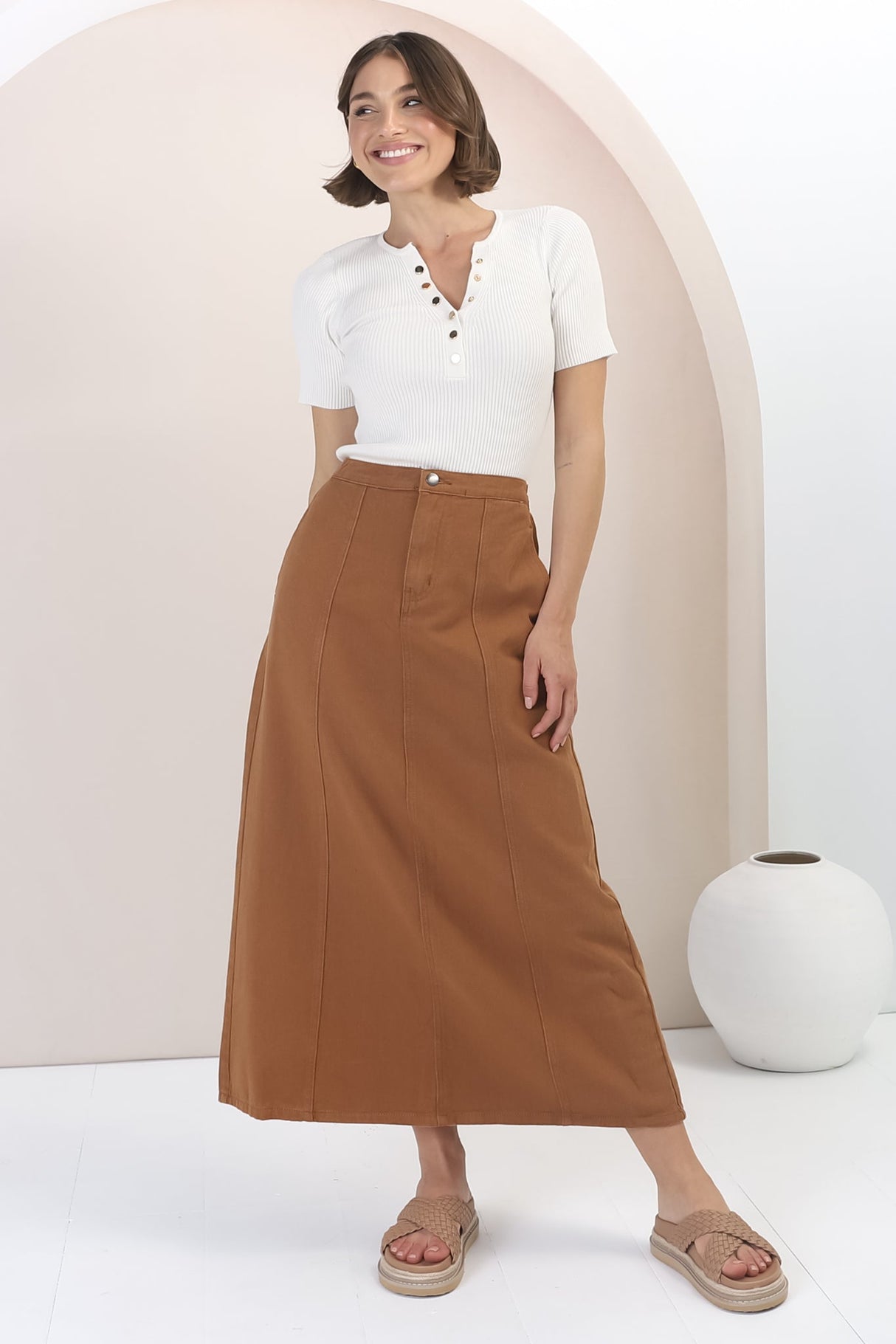 Quinn Denim Maxi Skirt - Elasticated High Waisted Denim Skirt in Tan