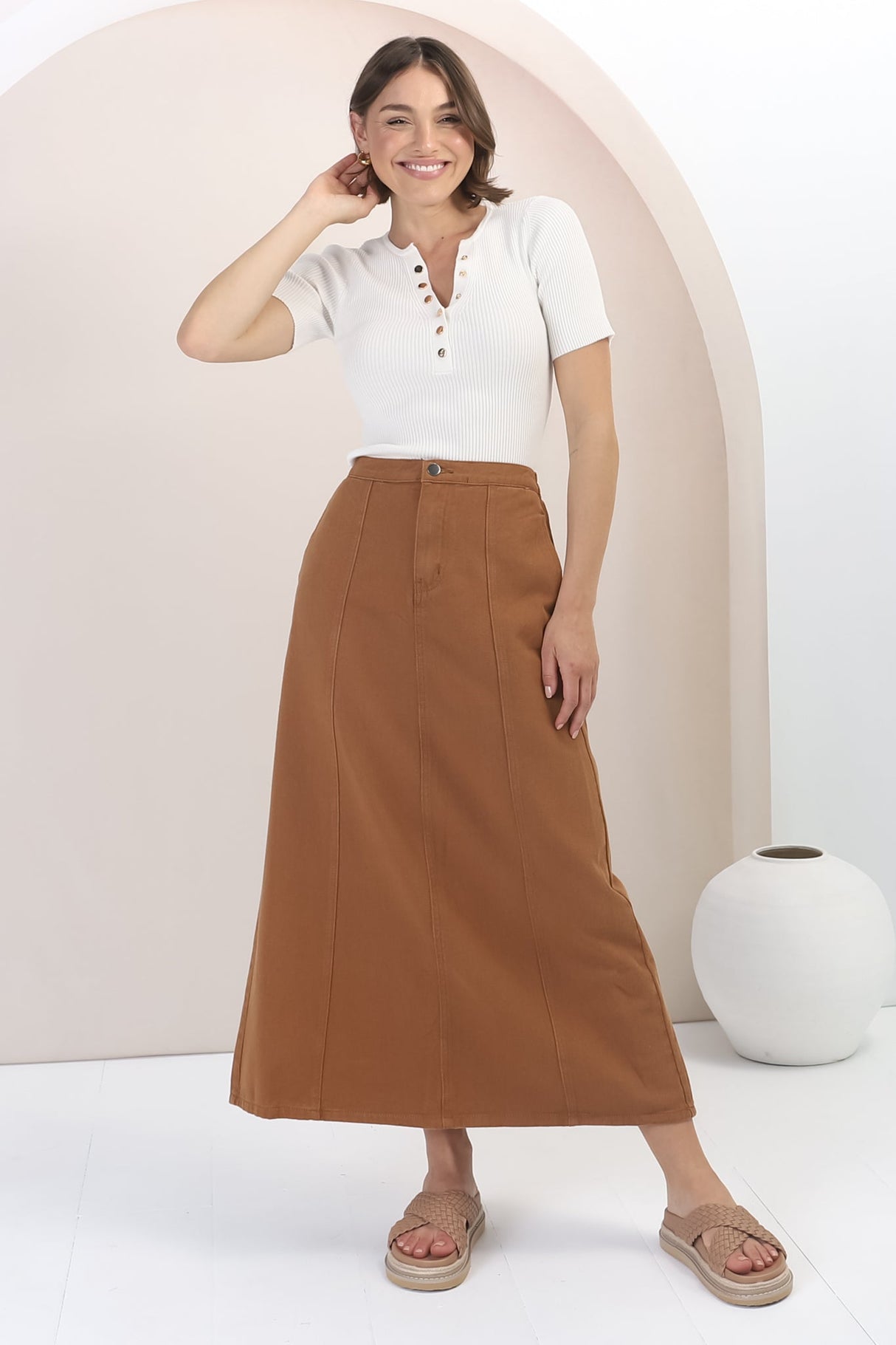 Quinn Denim Maxi Skirt - Elasticated High Waisted Denim Skirt in Tan