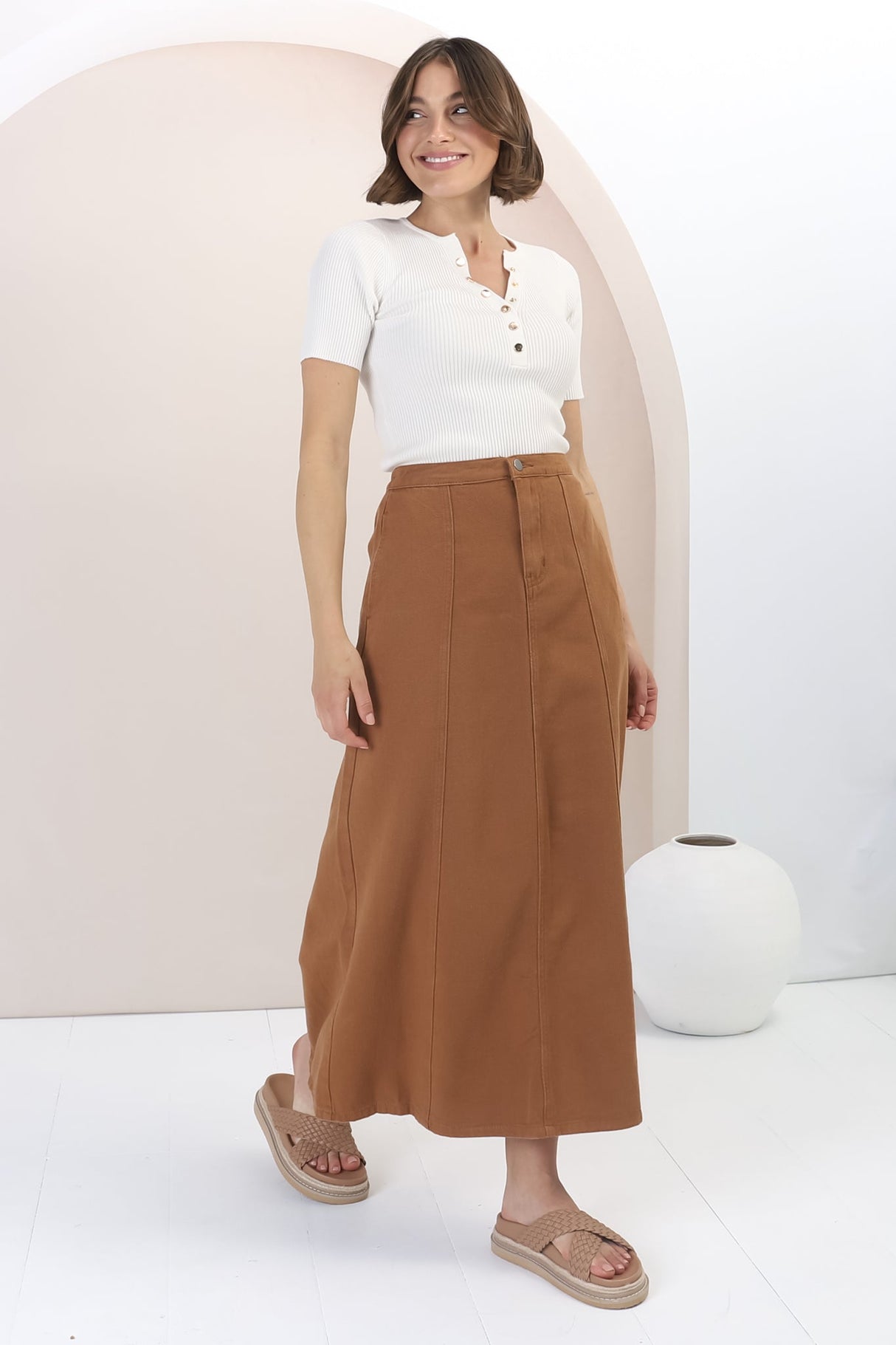 Quinn Denim Maxi Skirt - Elasticated High Waisted Denim Skirt in Tan