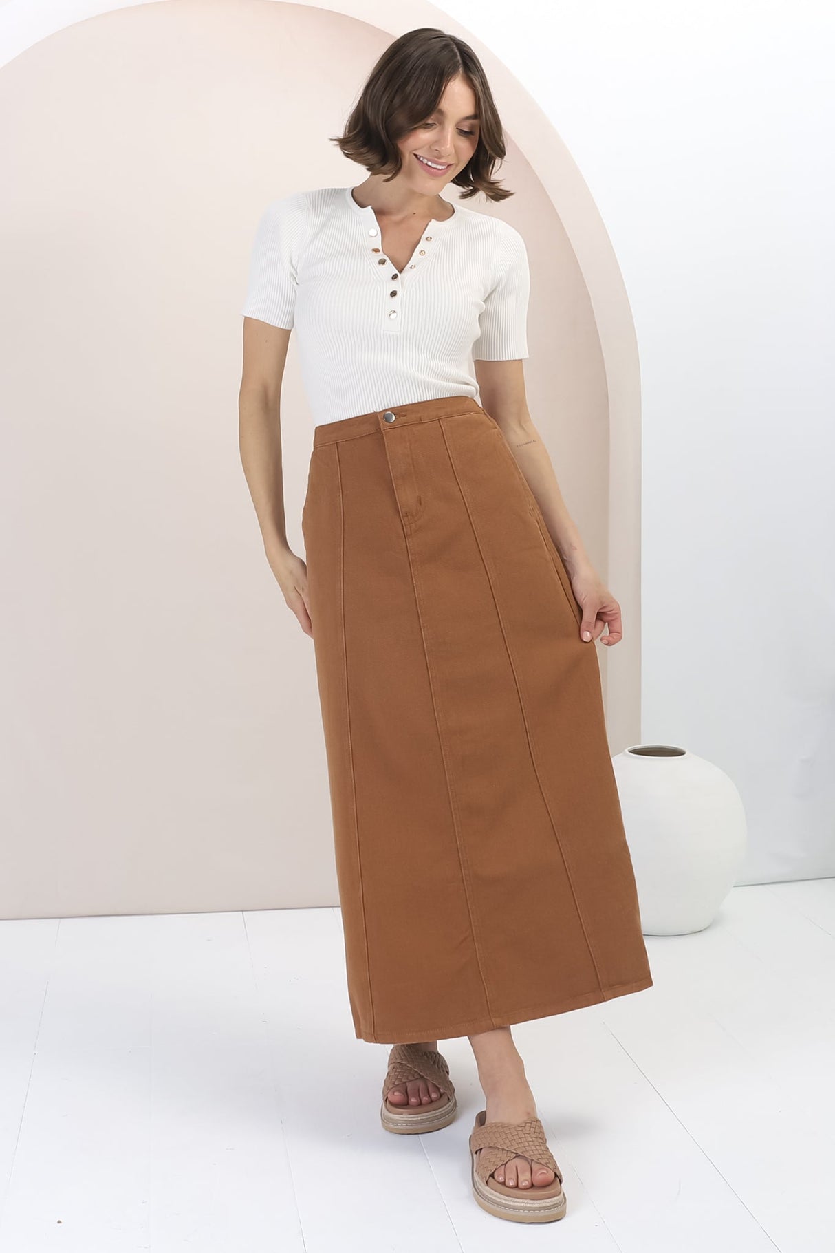 Quinn Denim Maxi Skirt - Elasticated High Waisted Denim Skirt in Tan