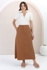 Quinn Denim Maxi Skirt - Elasticated High Waisted Denim Skirt in Tan