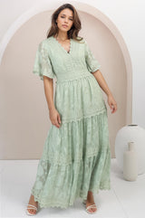 Madeline Maxi Dress - Lace Trim Embroidered A Line Dress in Mint