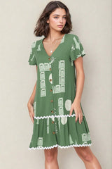 Amaris Mini Dress - V Neck Button Down Dress with Rick Rack Decal Saba Print in Green