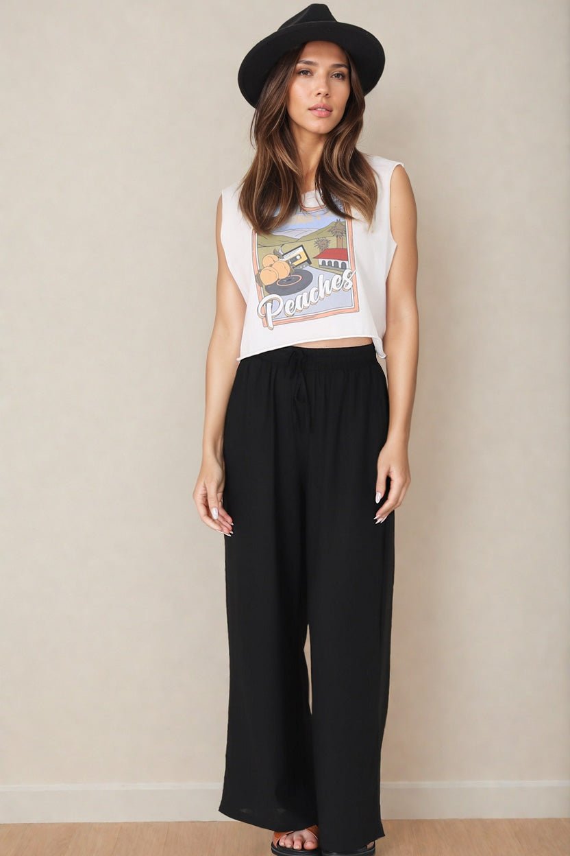 Leslie Linen Pants - Linen Elasticated Waist Straight Leg Pants in Black