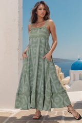 Bailie Maxi Dress - Rick Rack Detailed Sun Dress with Pockets Astra Print in Green