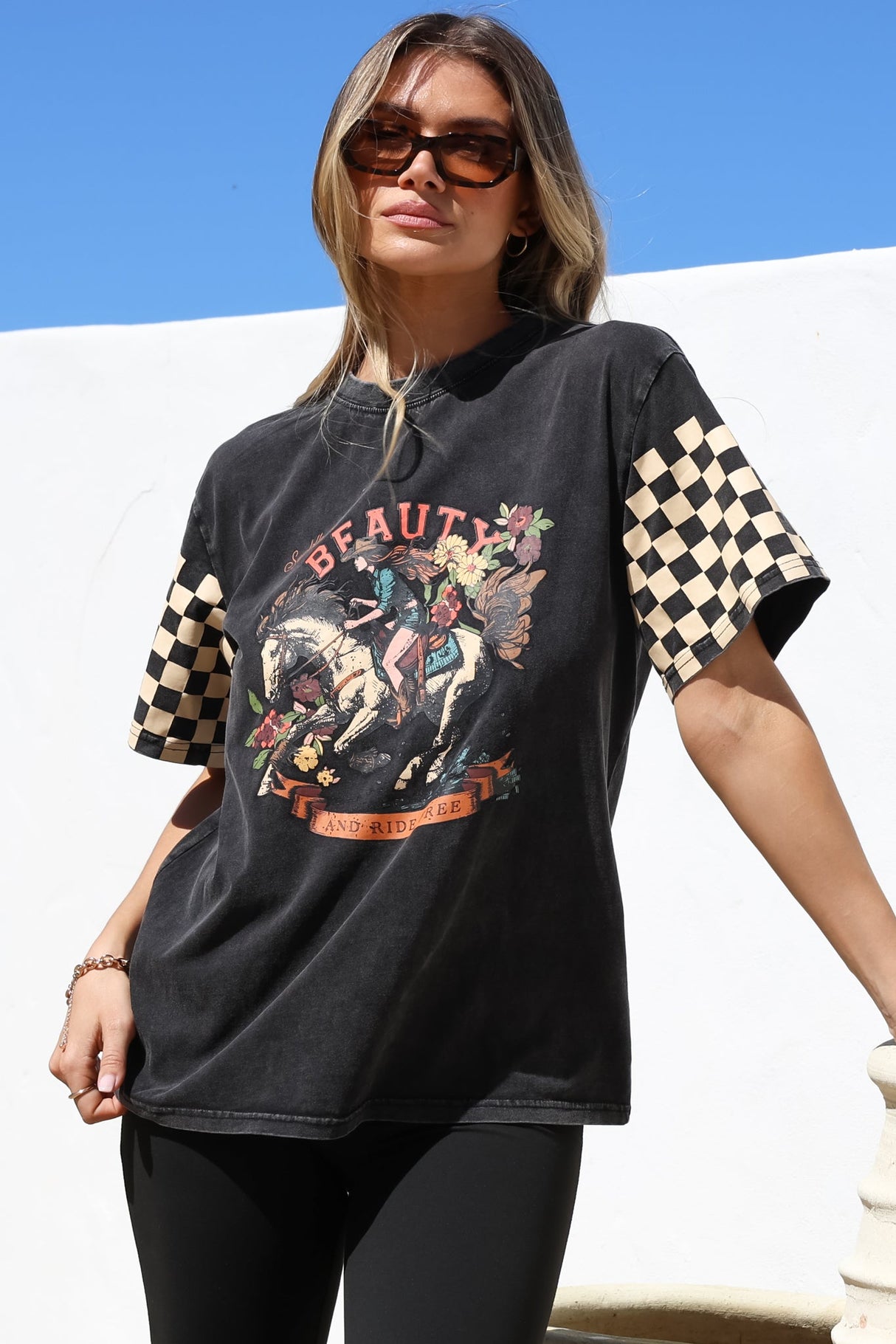 Racer T-Shirt - Crew Neck Graphic Tee in Vintage Wash Black