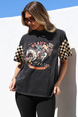 Racer T-Shirt - Crew Neck Graphic Tee in Vintage Wash Black