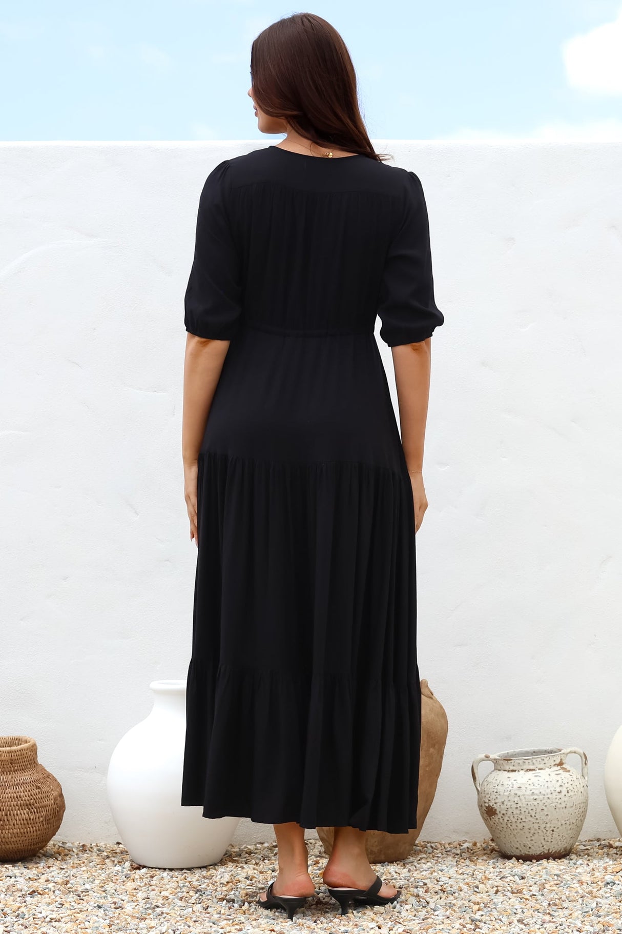 Rachel Maxi Dress - V-Neck 3/4 Sleeve Pull Tie Waist Tiered Dress in Black