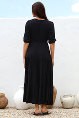 Rachel Maxi Dress - V-Neck 3/4 Sleeve Pull Tie Waist Tiered Dress in Black