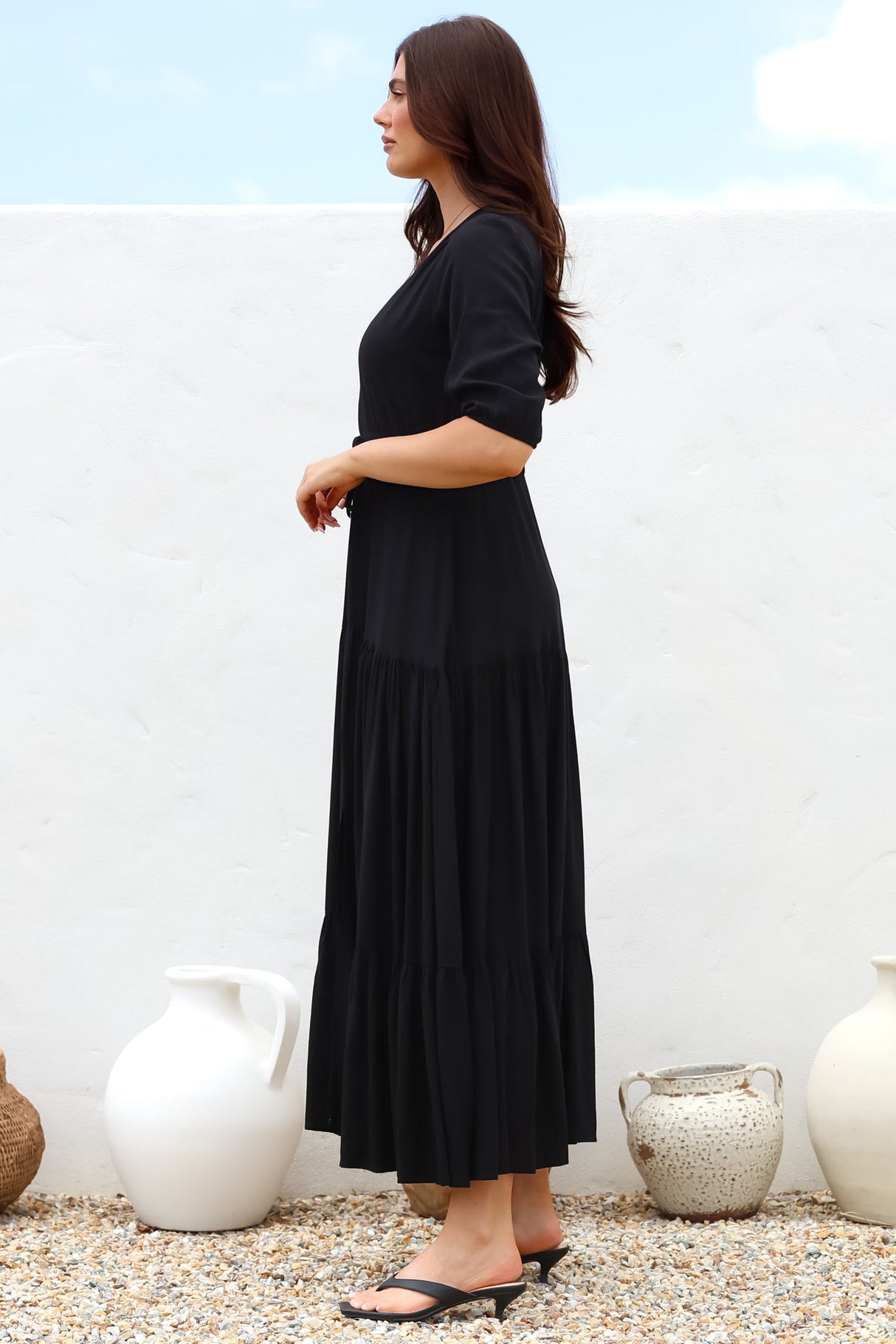 Rachel Maxi Dress - V-Neck 3/4 Sleeve Pull Tie Waist Tiered Dress in Black