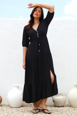Rachel Maxi Dress - V-Neck 3/4 Sleeve Pull Tie Waist Tiered Dress in Black