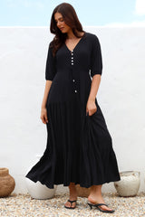 Rachel Maxi Dress - V-Neck 3/4 Sleeve Pull Tie Waist Tiered Dress in Black