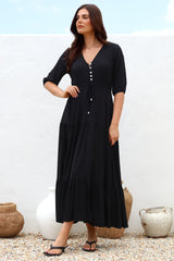 Rachel Maxi Dress - V-Neck 3/4 Sleeve Pull Tie Waist Tiered Dress in Black