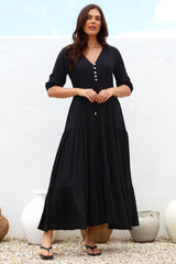 Rachel Maxi Dress - V-Neck 3/4 Sleeve Pull Tie Waist Tiered Dress in Black