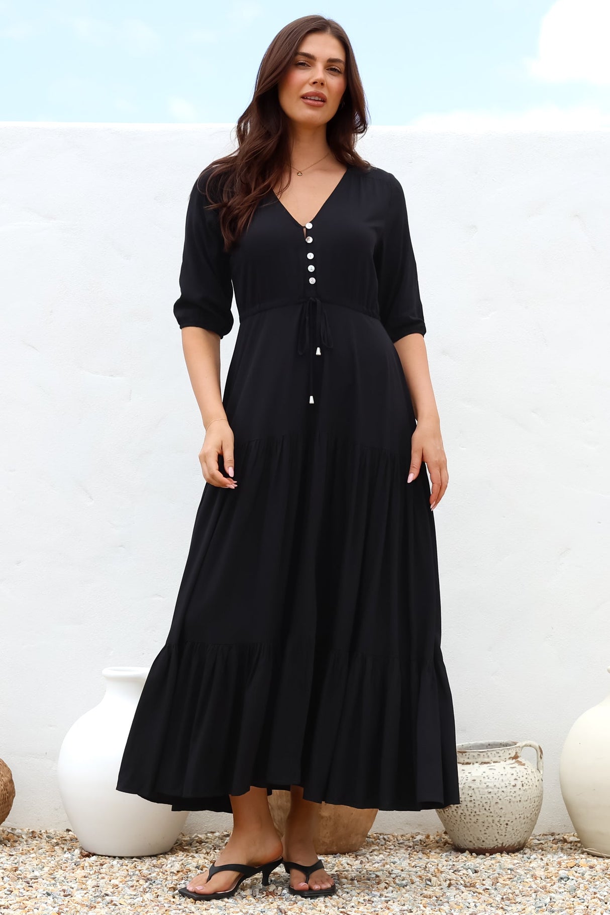 Rachel Maxi Dress - V-Neck 3/4 Sleeve Pull Tie Waist Tiered Dress in Black