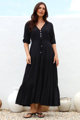 Rachel Maxi Dress - V-Neck 3/4 Sleeve Pull Tie Waist Tiered Dress in Black